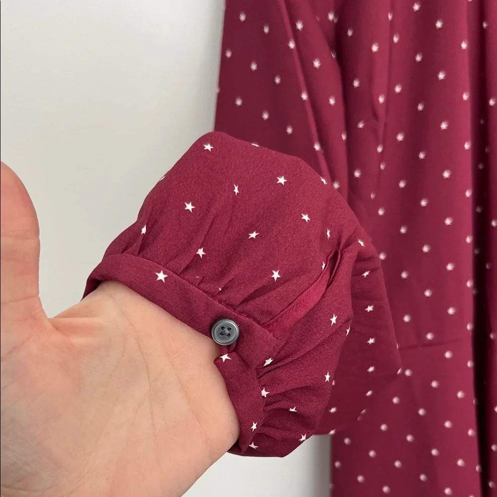 LOFT burgundy star print long sleeved wrap dress, size 14 - Picture 5 of 6